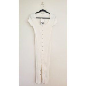 New ZARA White Ribbed Midi Dress